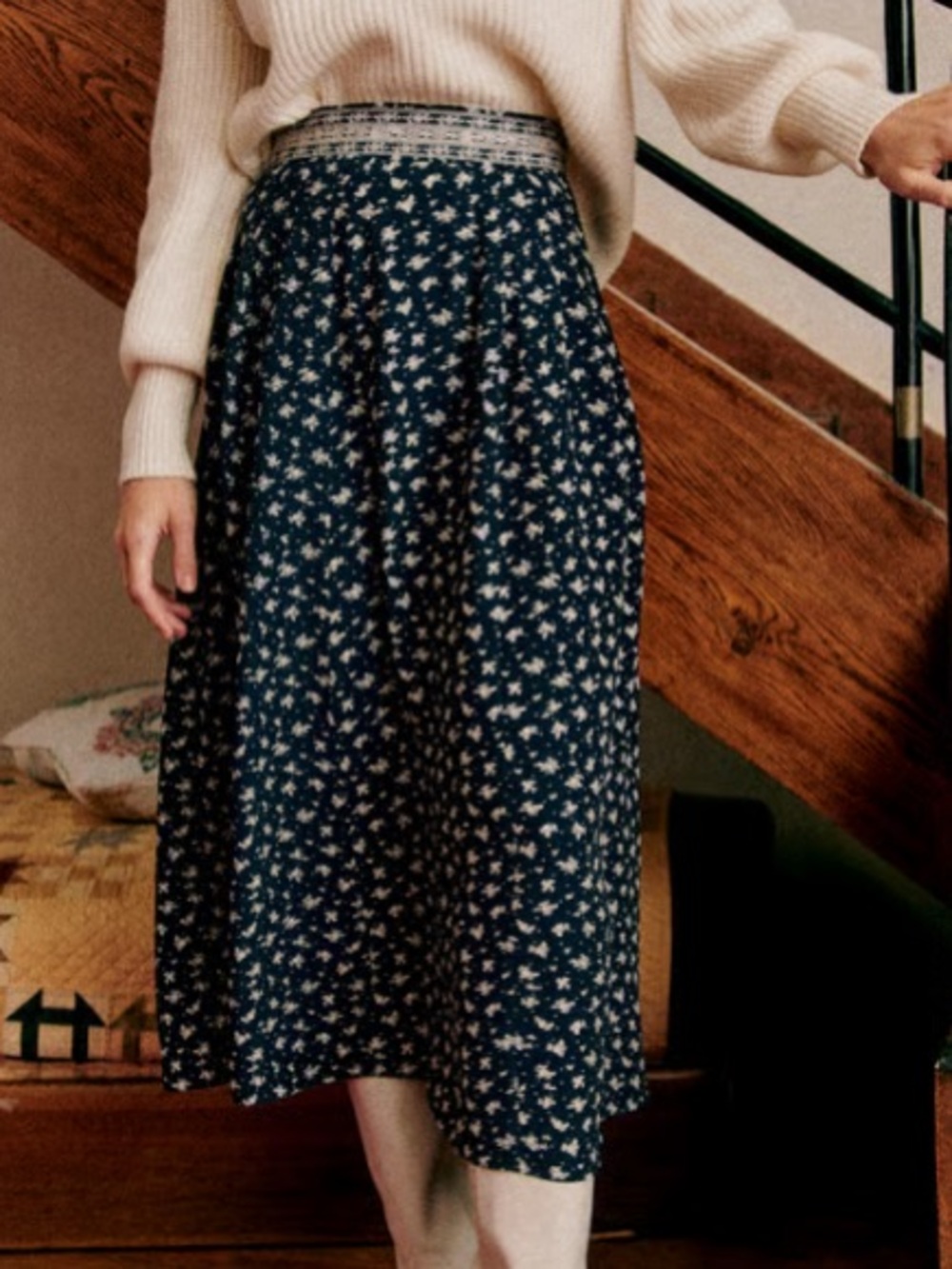 Sezane x Sea New York Alicia Skirt Small Navy Floral Midi Skirt 38